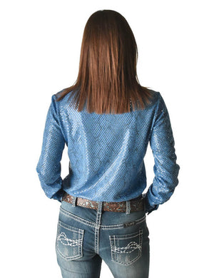 COWGIRL TUFF Women's Blue Lightweight Metallic Snakeskin Bling Pullover Button-Up