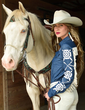 COWGIRL TUFF Denim Knit & Aztec Pullover Button-Up w/Fringe