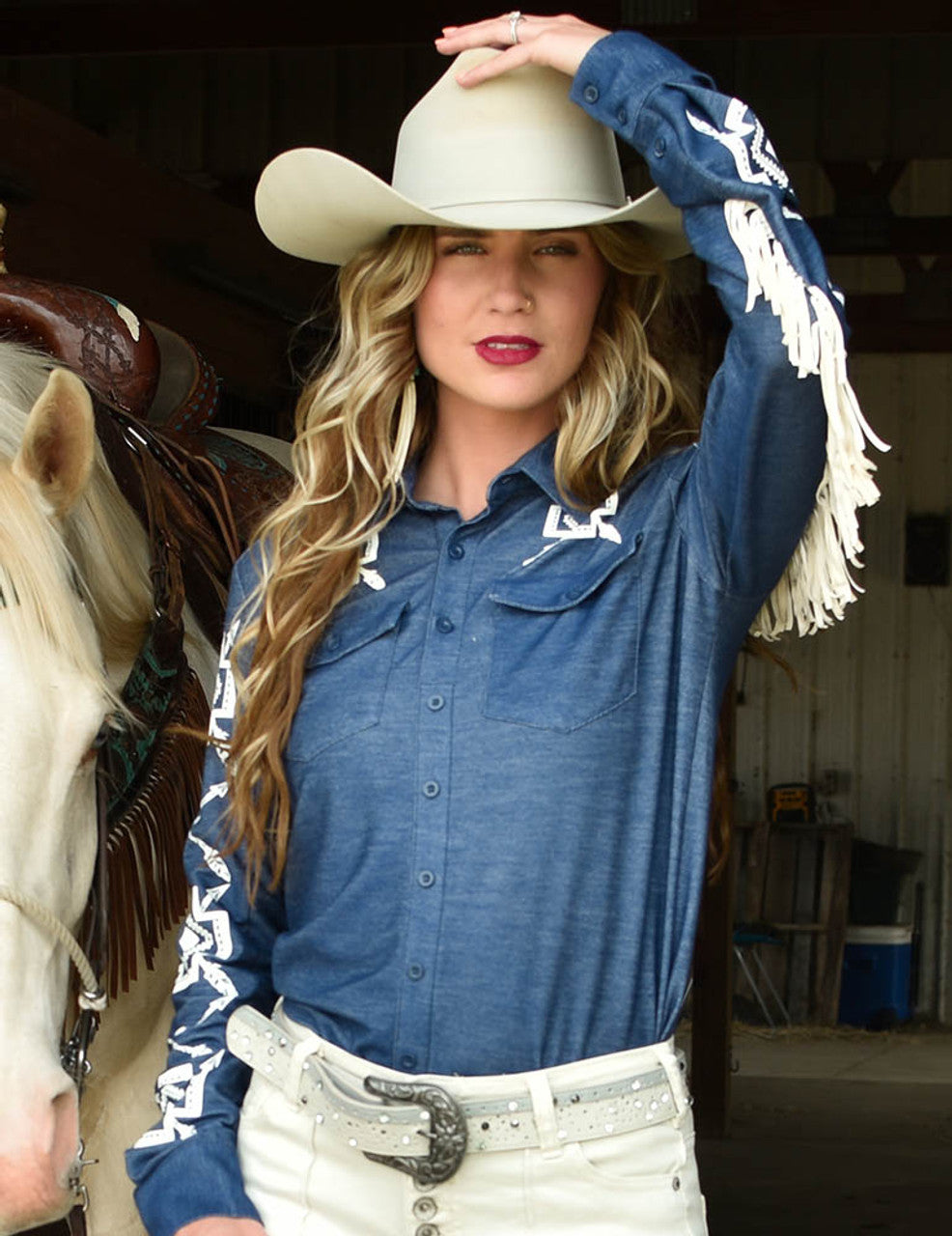 COWGIRL TUFF Denim Knit & Aztec Pullover Button-Up w/Fringe