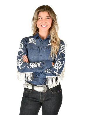 COWGIRL TUFF Denim Knit & Aztec Pullover Button-Up w/Fringe