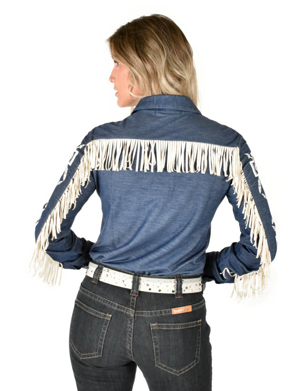 COWGIRL TUFF Denim Knit & Aztec Pullover Button-Up w/Fringe