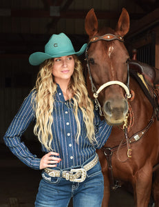 COWGIRL TUFF Pullover Button Up (Dark UltraBreathe Denim with Rows of Crystal Embellishing)