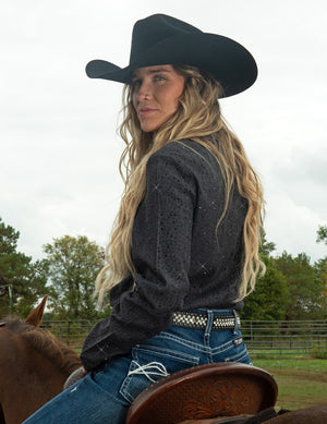 COWGIRL TUFF Pullover Button Up (Black UltraBreathe Denim with Allover Crystal Embellishing)