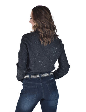 COWGIRL TUFF Pullover Button Up (Black UltraBreathe Denim with Allover Crystal Embellishing)