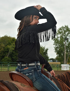 COWGIRL TUFF Bling Fringe Pullover Button Up  (Black Mid-weight Faux Leather With Crystal Fringe)