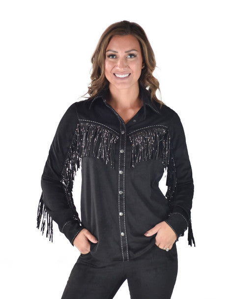 COWGIRL TUFF Bling Fringe Pullover Button Up  (Black Mid-weight Faux Leather With Crystal Fringe)