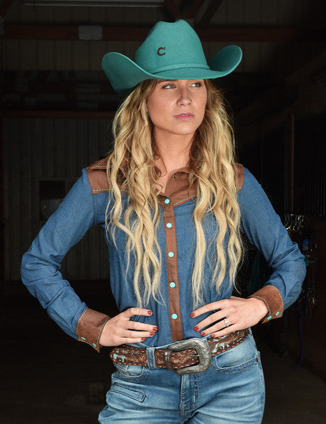 COWGIRL TUFF Pullover Button Up  (Brown faux leather and Denim lightweight with turquoise thread and buttons)