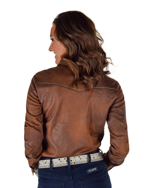 COWGIRL TUFF Pullover Button Up (Brown Mid-weight faux leather with turquoise thread and buttons)