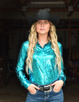 COWGIRL TUFF Shiny Turquoise Mid-weight Pullover Button Up