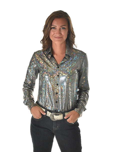 COWGIRL TUFF Pullover Button Up (Silver Holographic Lightweight Metallic Jersey)