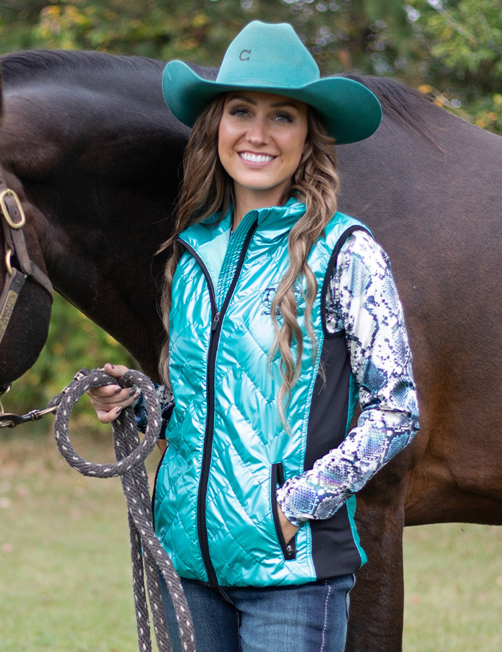 COWGIRL TUFF Women's Turquoise Mid-weight With Black Embroidery Logos Vest