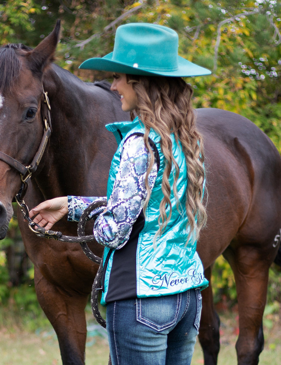 COWGIRL TUFF Women's Turquoise Mid-weight With Black Embroidery Logos Vest