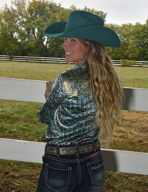 COWGIRL TUFF Colorful Print With Iridescent Foil in Lightweight jersey Pullover Button Up