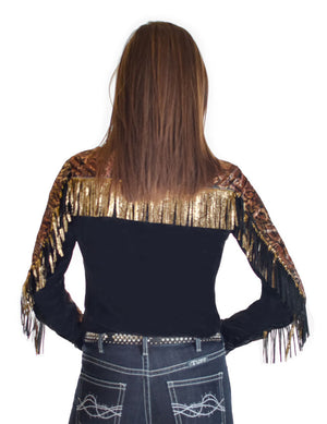 COWGIRL TUFF Pullover Button Up (Black Stretch Faux Leather With Animal Print And Gold Foil/Fringe)