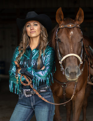 COWGIRL TUFF Black Breathe Lightweight with Turquoise Metallic Accents and Fringe Pullover Button Up