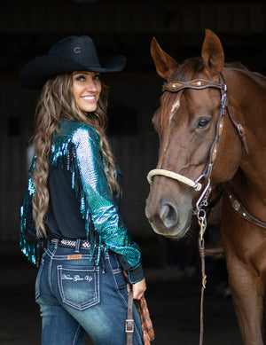 COWGIRL TUFF Black Breathe Lightweight with Turquoise Metallic Accents and Fringe Pullover Button Up