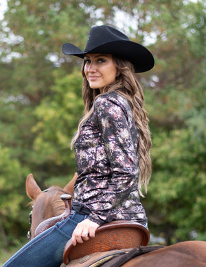 COWGIRL TUFF Women's Brown Tone Animal Print, Gold Foil, Black Embroidery Logo in Velvet Quarter Zip Cadet