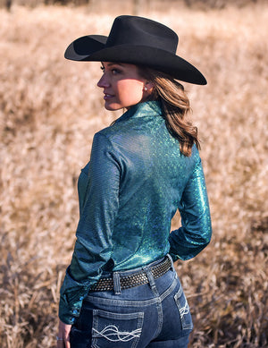 COWGIRL TUFF Turquoise Foil Lightweight Stretch Jersey Pullover Button Up