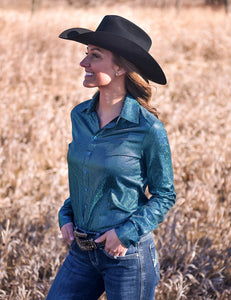 COWGIRL TUFF Turquoise Foil Lightweight Stretch Jersey Pullover Button Up