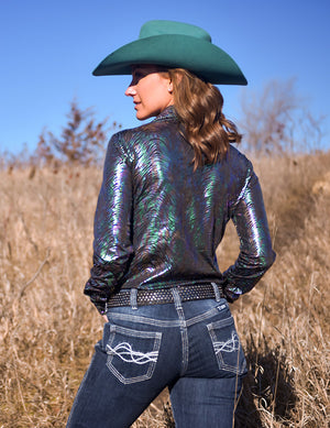 COWGIRL TUFF Multi-color Zebra Foil Lightweight Stretch Jersey Pullover Button Up