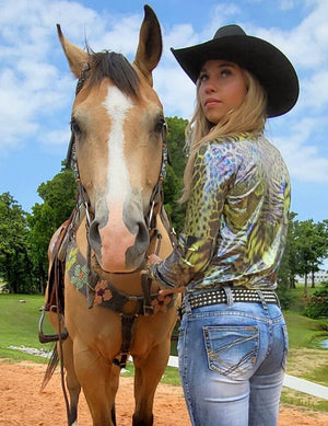 COWGIRL TUFF Green Shiny Animal Print Lightweight Stretch Jersey Pullover Button Up