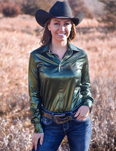 COWGIRL TUFF Dark green Shiny Metallic Lightweight Stretch Jersey Pullover Button Up