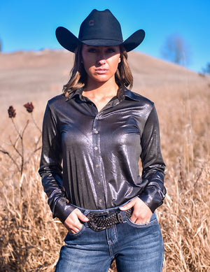 COWGIRL TUFF Dark Silver Shiny Metallic Lightweight Jersey Pullover Button Up