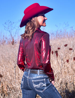 COWGIRL TUFF Red Shiny Metallic Lightweight Jersey Pullover Button Up