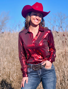 COWGIRL TUFF Red Shiny Metallic Lightweight Jersey Pullover Button Up