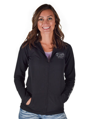 COWGIRL TUFF Full Zip Hoodie (Black Mid-Weight Stretch Unlined Microfiber With Gray Printed Logos)