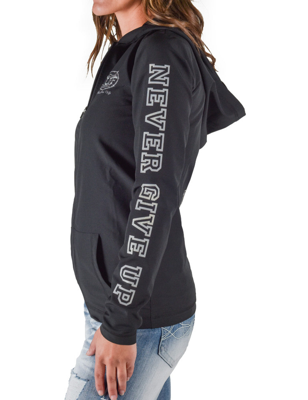 COWGIRL TUFF Full Zip Hoodie (Black Mid-Weight Stretch Unlined Microfiber With Gray Printed Logos)