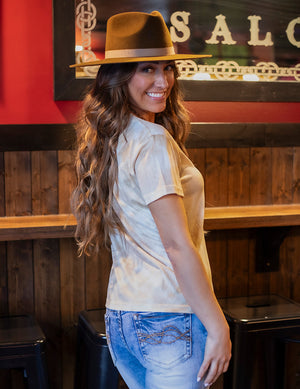 COWGIRL TUFF Flowy V-Neck Tee (Gold Sparkly Tie Dye Lightweight Stretch Jersey)