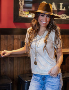 COWGIRL TUFF Flowy V-Neck Tee (Gold Sparkly Tie Dye Lightweight Stretch Jersey)