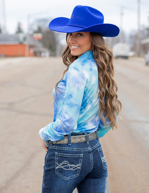 Cowgirl Tuff Blue Sparkly Tie Dye Lightweight Stretch Jersey Pullover Button Up