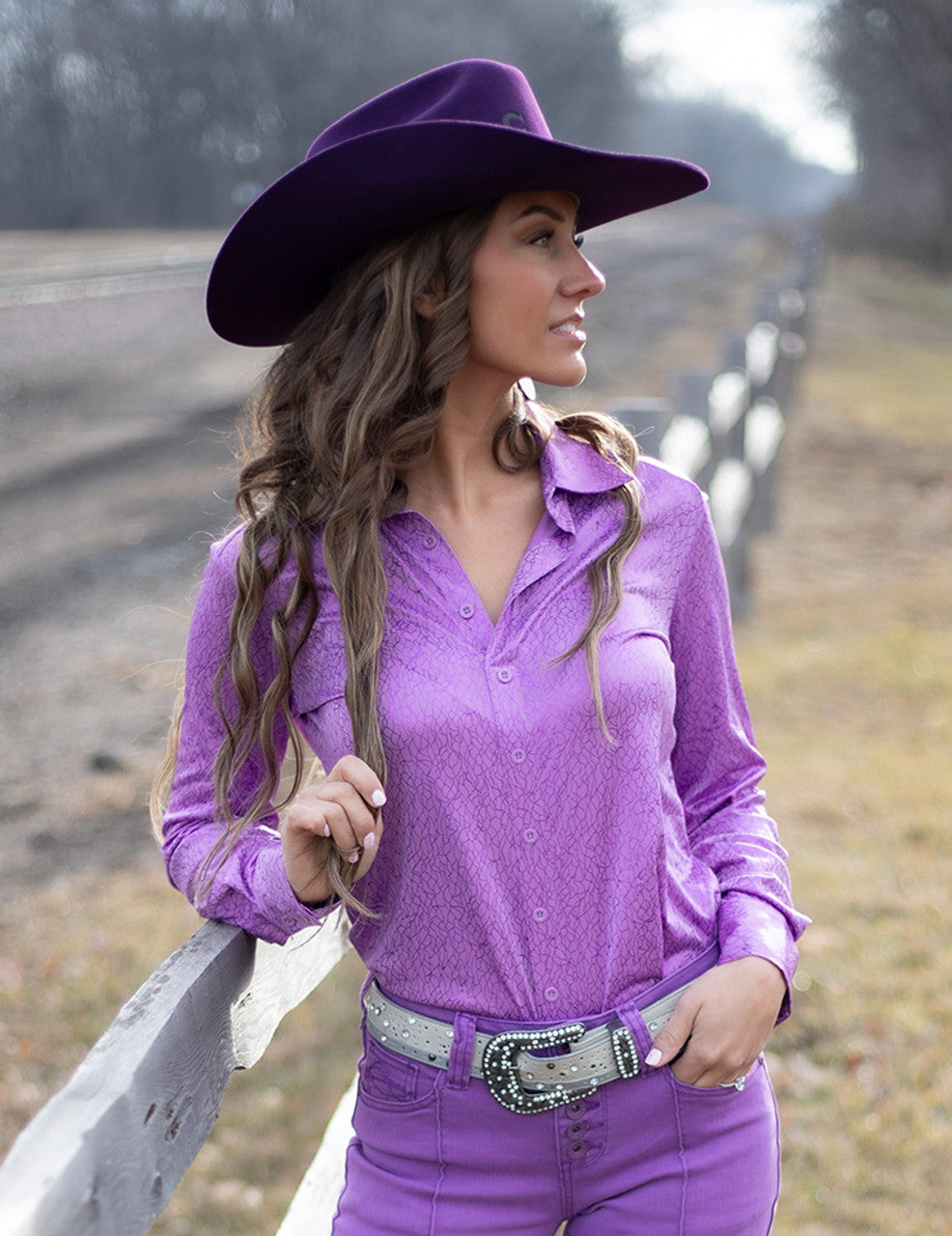 COWGIRL TUFF Pullover Button Up (Purple Foil Crackle Print Lightweight Stretch Jersey)