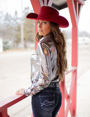 COWGIRL TUFF Pullover Button Up (Light Silver Shiny Metallic Lightweight Stretch Jersey)