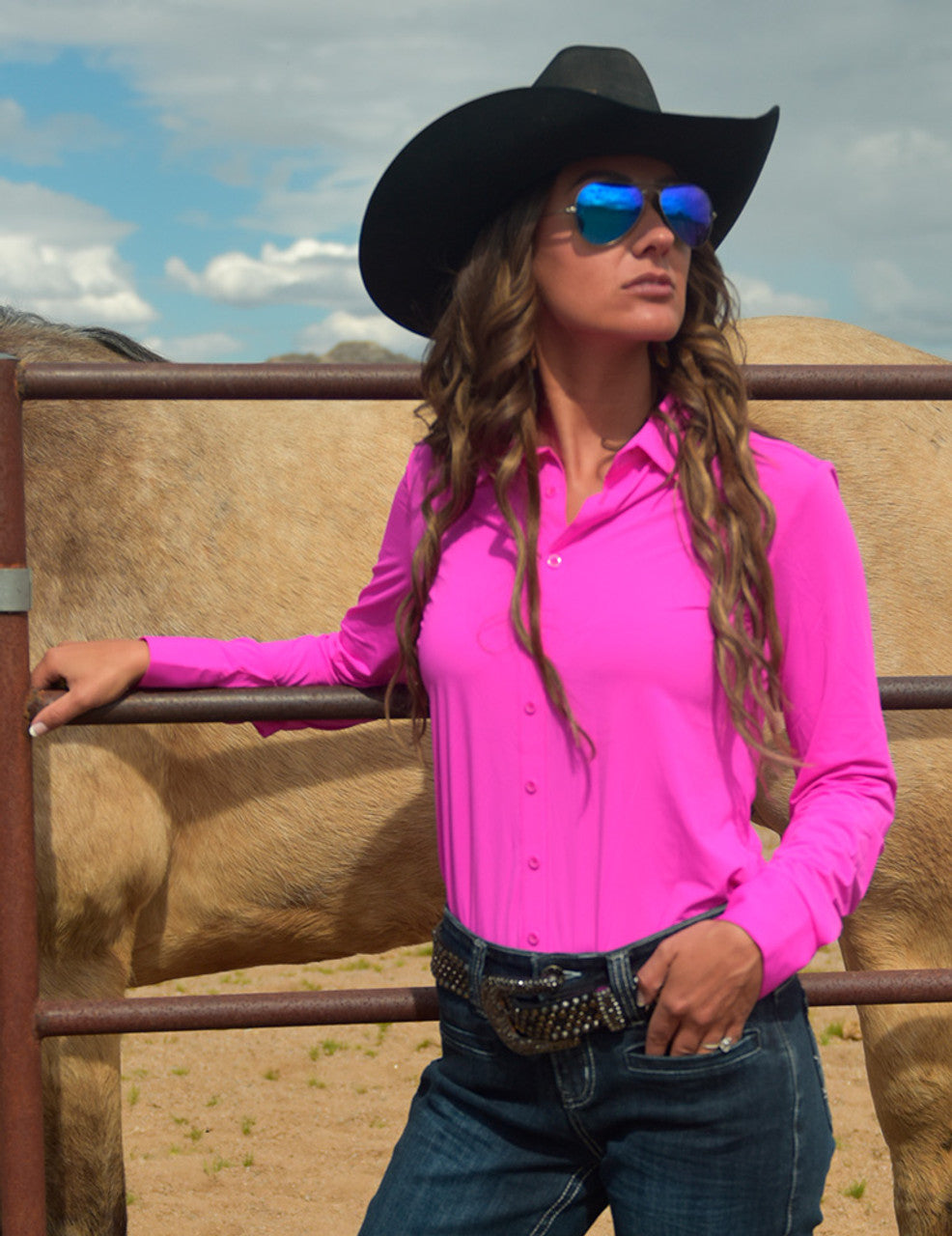 COWGIRL TUFF Hot Pink Breathe Lightweight Stretch Jersey Pullover Button Up