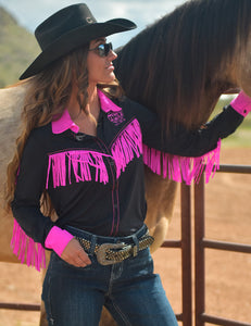 COWGIRL TUFF Black And Hot Pink Breathe Lightweight Stretch Jersey With Printed Logos Pullover Button Up