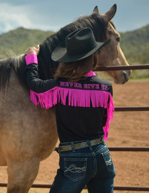 COWGIRL TUFF Black And Hot Pink Breathe Lightweight Stretch Jersey With Printed Logos Pullover Button Up