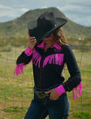 COWGIRL TUFF Black And Hot Pink Breathe Lightweight Stretch Jersey With Printed Logos Pullover Button Up