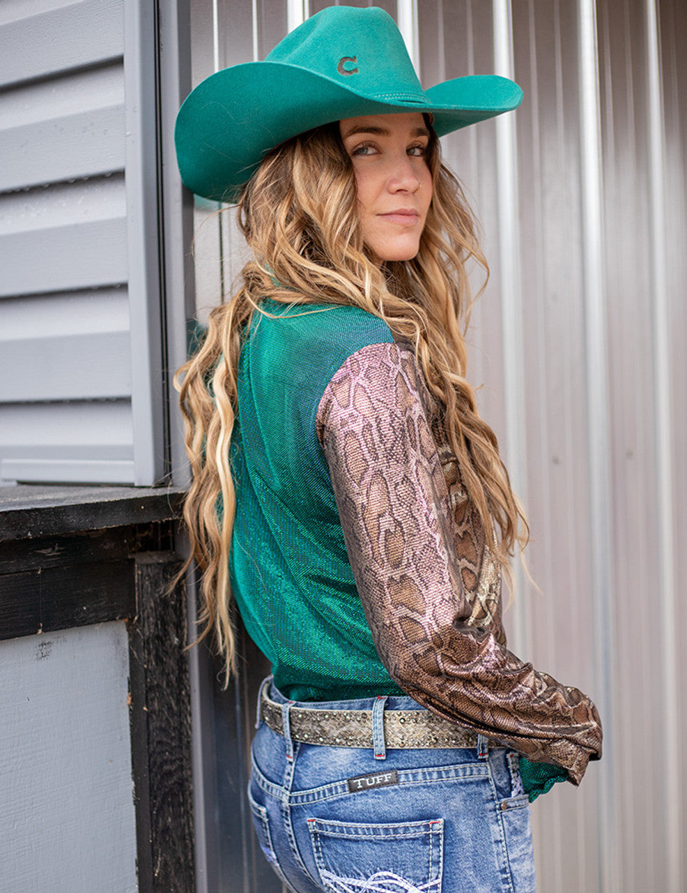 COWGIRL TUFF Copper Metallic Snakeskin Stretch Jersey With Turquoise Fabric Accents Pullover Button Up