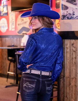 COWGIRL TUFF Blue Metallic Shimmer Stretch Jersey Pullover Button Up