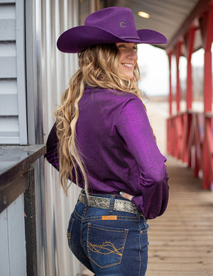 COWGIRL TUFF Purple Metallic Shimmer Stretch Jersey Pullover Button Up