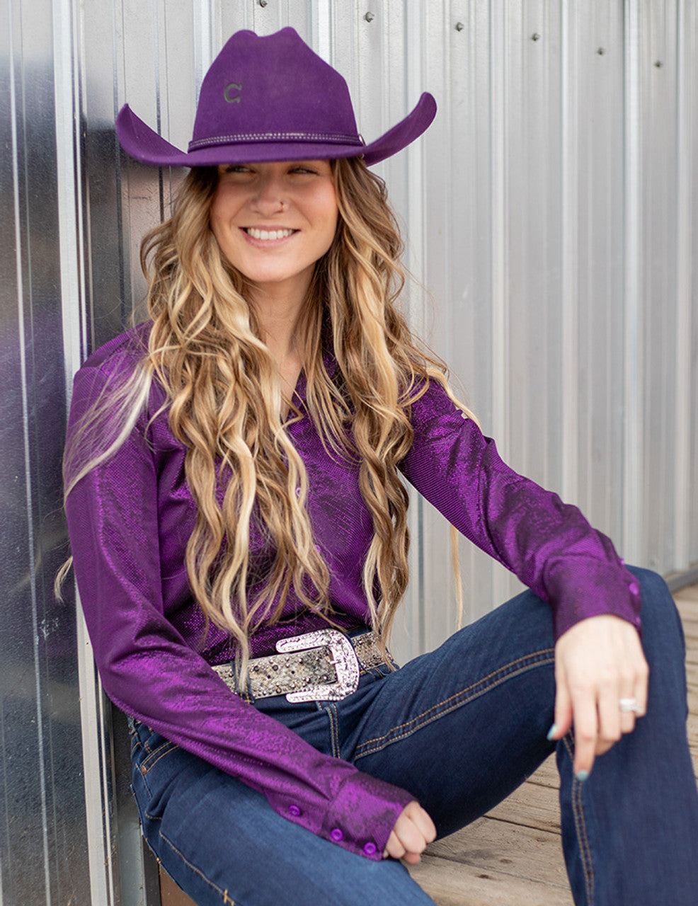 COWGIRL TUFF Purple Metallic Shimmer Stretch Jersey Pullover Button Up