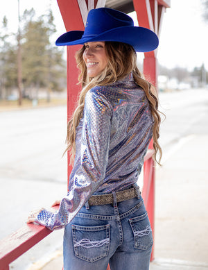 COWGIRL TUFF Blue Iridescent Foil Stretch Jersey Pullover Button Up