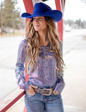 COWGIRL TUFF Blue Iridescent Foil Stretch Jersey Pullover Button Up