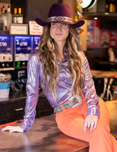 COWGIRL TUFF Purple Iridescent Foil Stretch Jersey Pullover Button Up