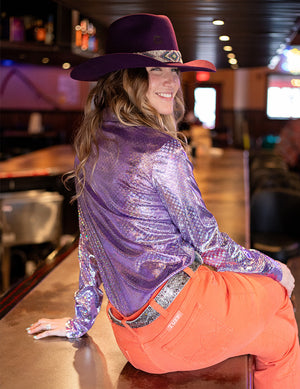 COWGIRL TUFF Purple Iridescent Foil Stretch Jersey Pullover Button Up