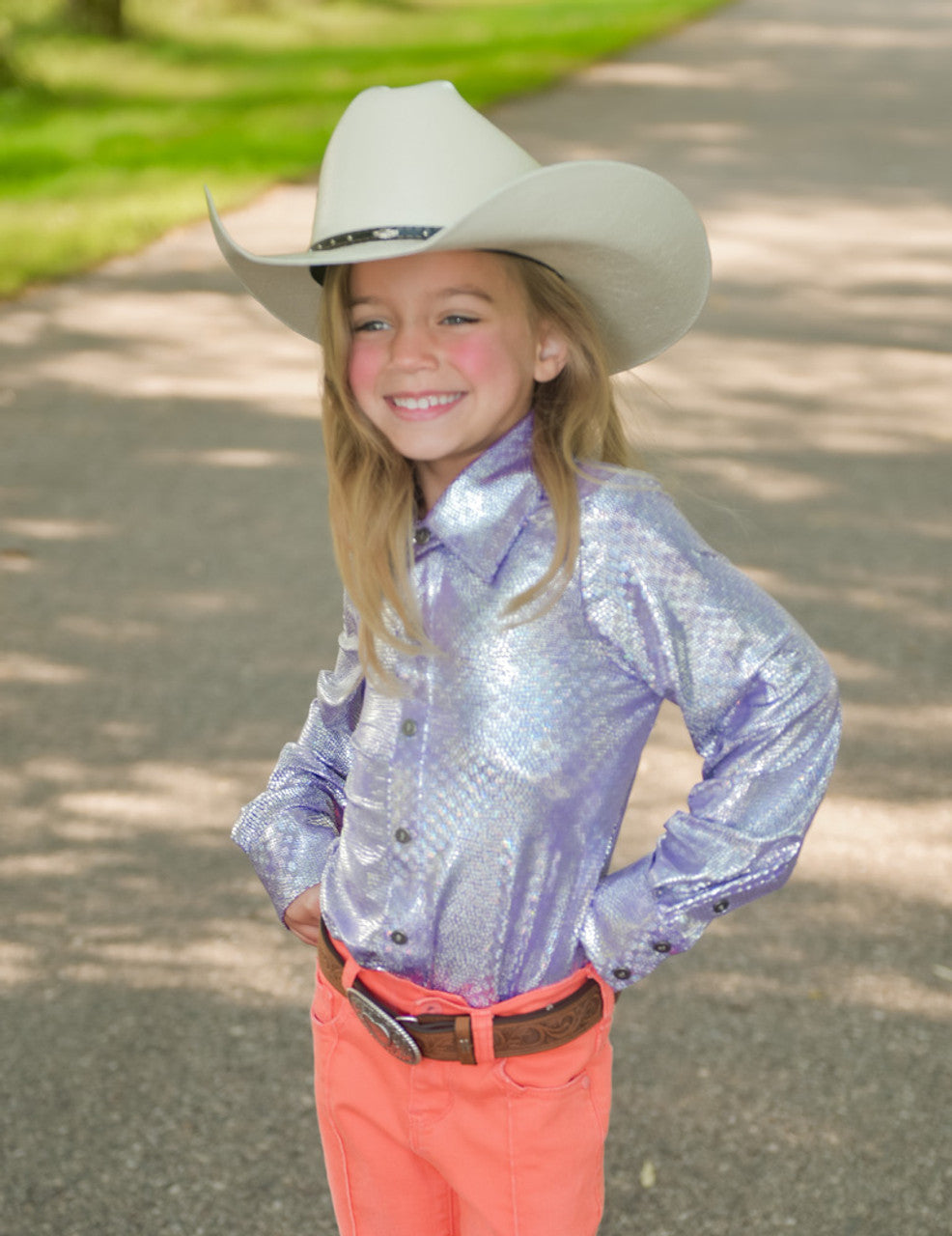 COWGIRL TUFF Girls Pullover Button Up (Purple Iridescent Foil Stretch Jersey)