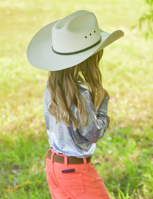 COWGIRL TUFF Girls Pullover Button Up (Purple Iridescent Foil Stretch Jersey)